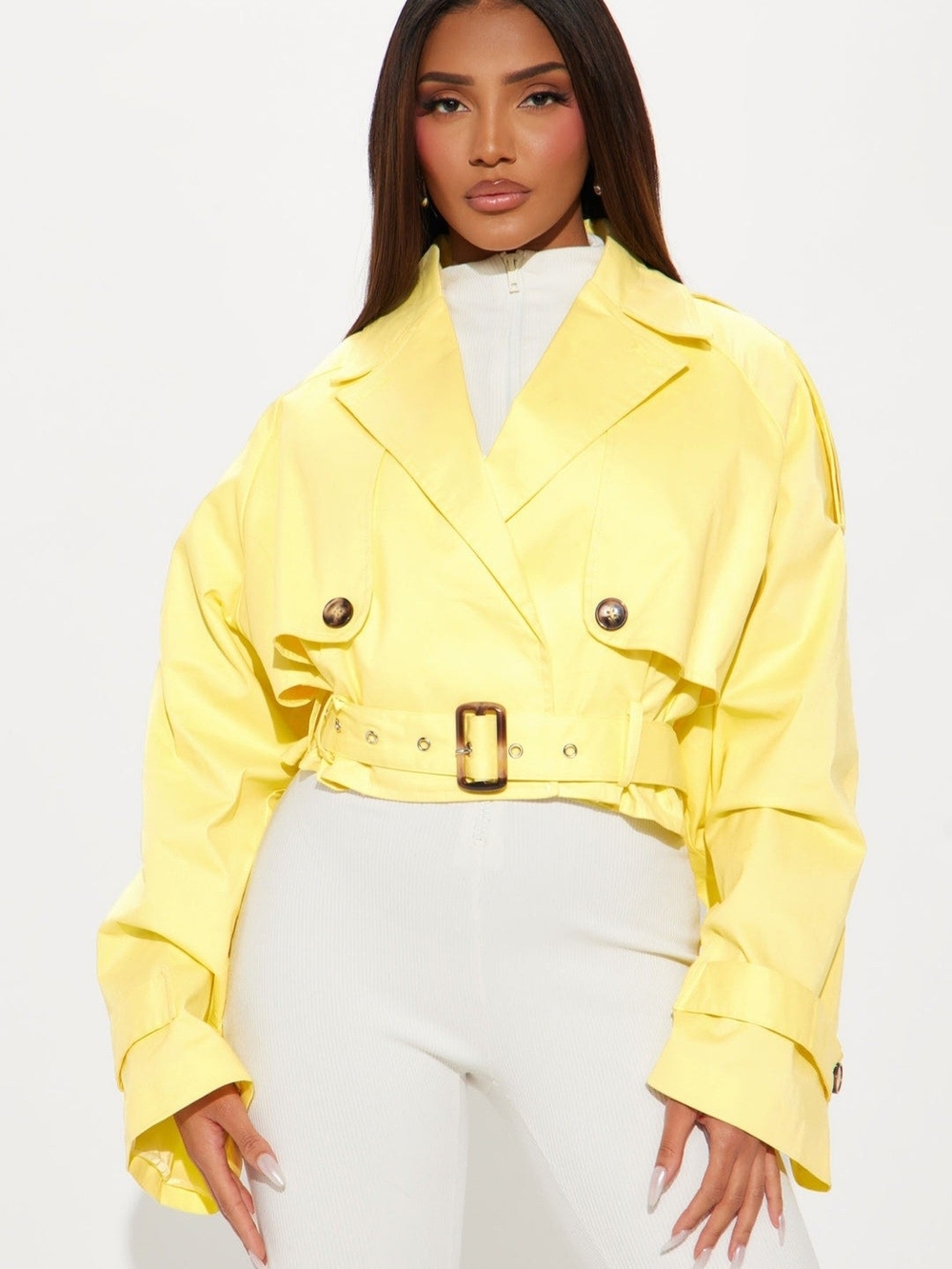 New Yellow Cropped Trench Jacket with Belt